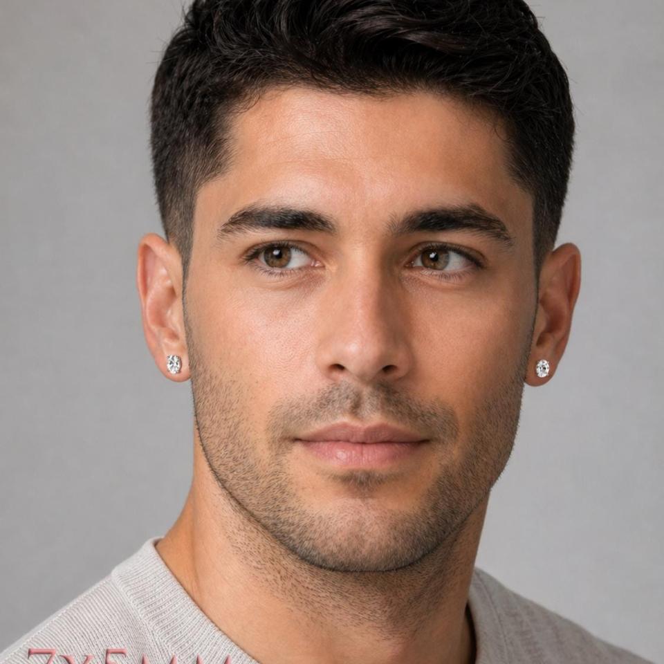 A man wearing 7x5mm oval white topaz stud earrings. Model image for size and styling reference — not a photo of the actual earrings.