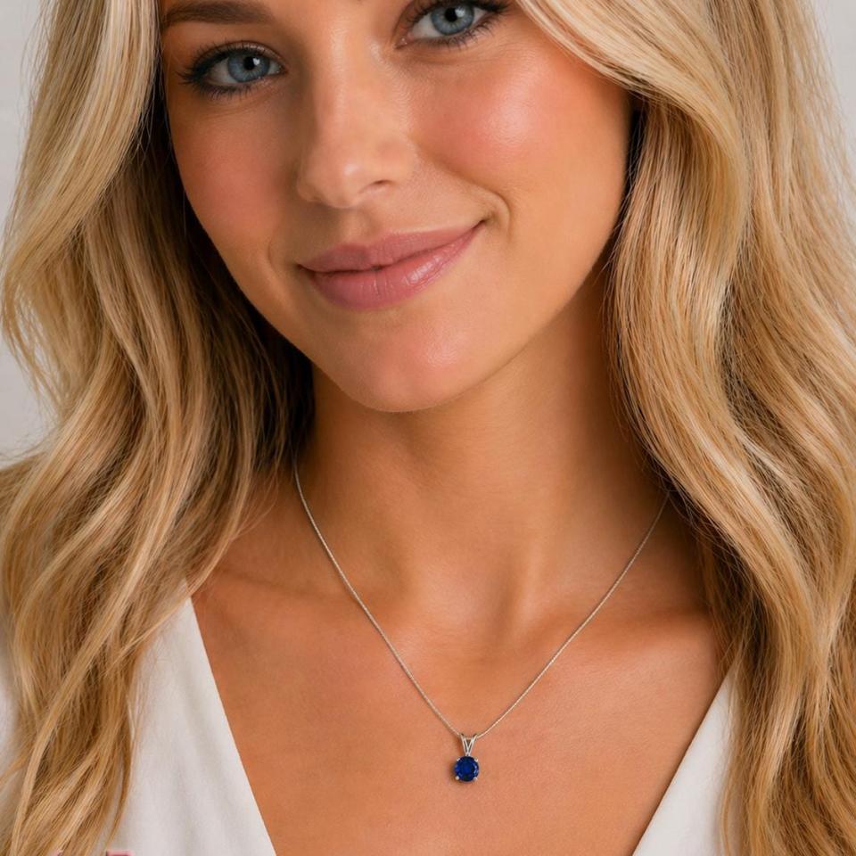 Round-Cut Lab Blue Sapphire Pendant or Necklace • 6mm—10mm, Sterling Silver
