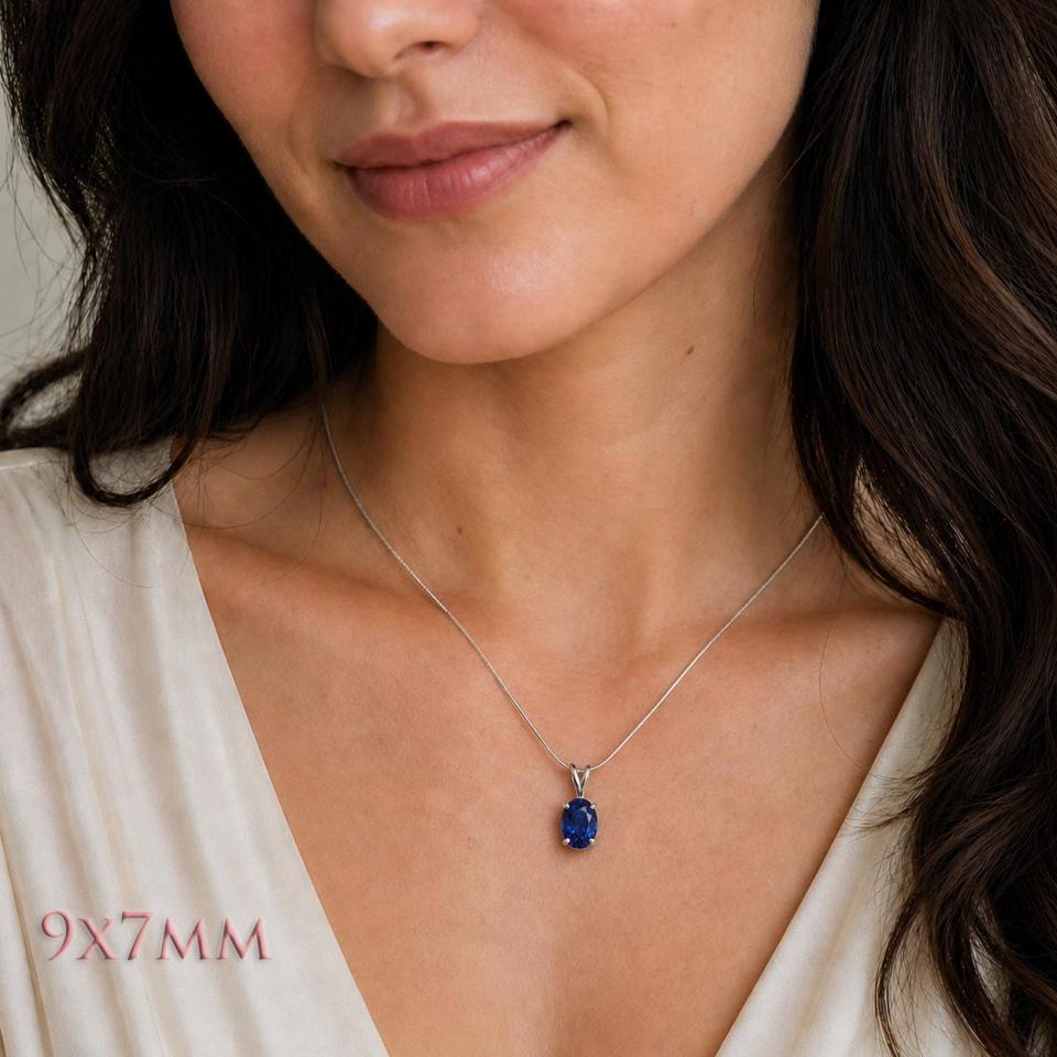 Oval-Cut Lab Blue Sapphire Pendant or Necklace • 8x6mm—14x10mm, Sterling silver