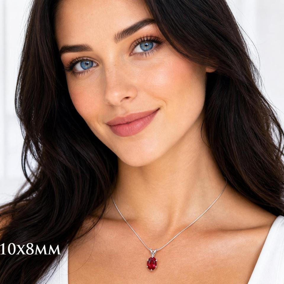Oval-Cut Lab Ruby Pendant or Necklace • 8x6mm—10x8mm, Sterling Silver, 6-Prong