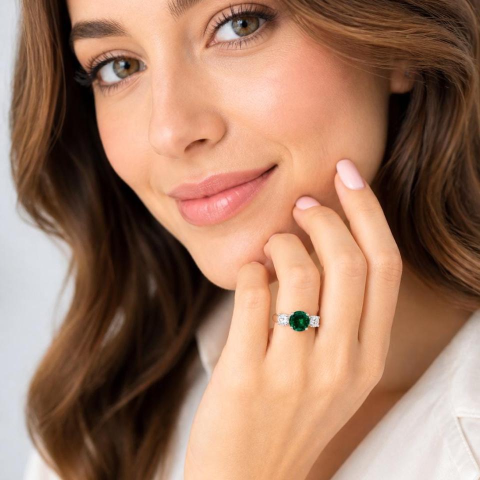 Round-Cut Lab Emerald & CZ 3-Stone Ring • 6mm—9mm Center, Sterling Silver