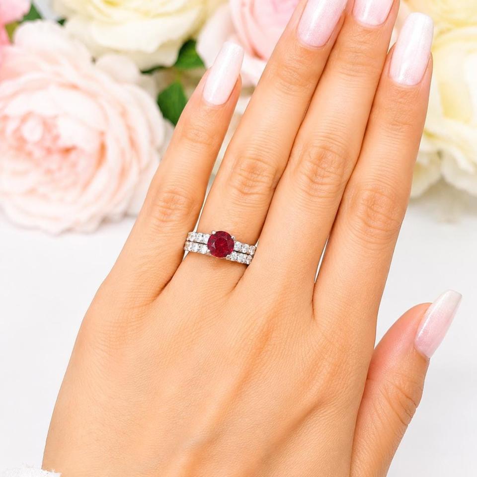 Round-Cut Lab Ruby & CZ Engagement Ring or Bridal Set • 6.5mm–8mm, Sterling Silver
