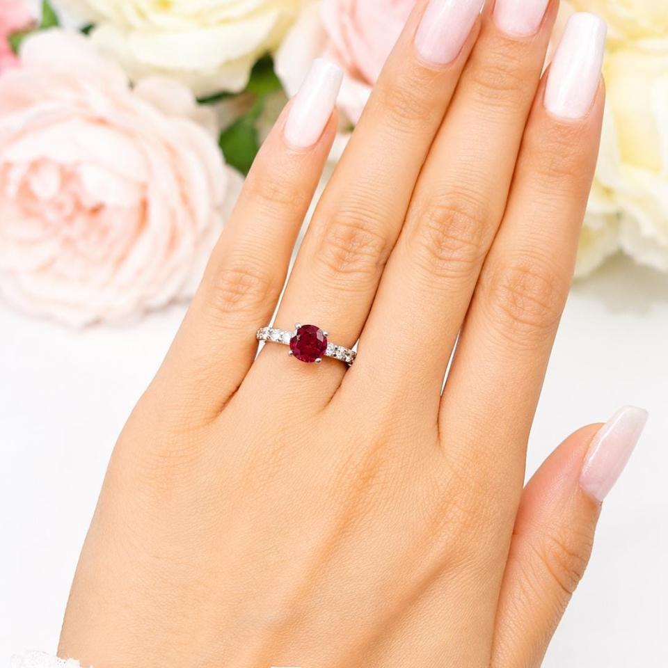Round-Cut Lab Ruby & CZ Engagement Ring or Bridal Set • 6.5mm–8mm, Sterling Silver