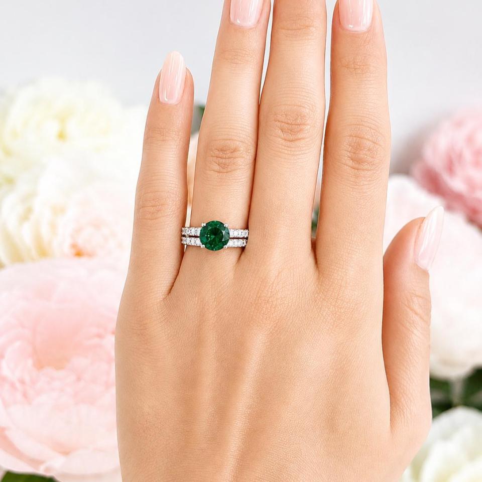 Round-Cut Lab Emerald CZ Engagement Ring or Bridal Set – 6.5–8mm, Sterling Silver