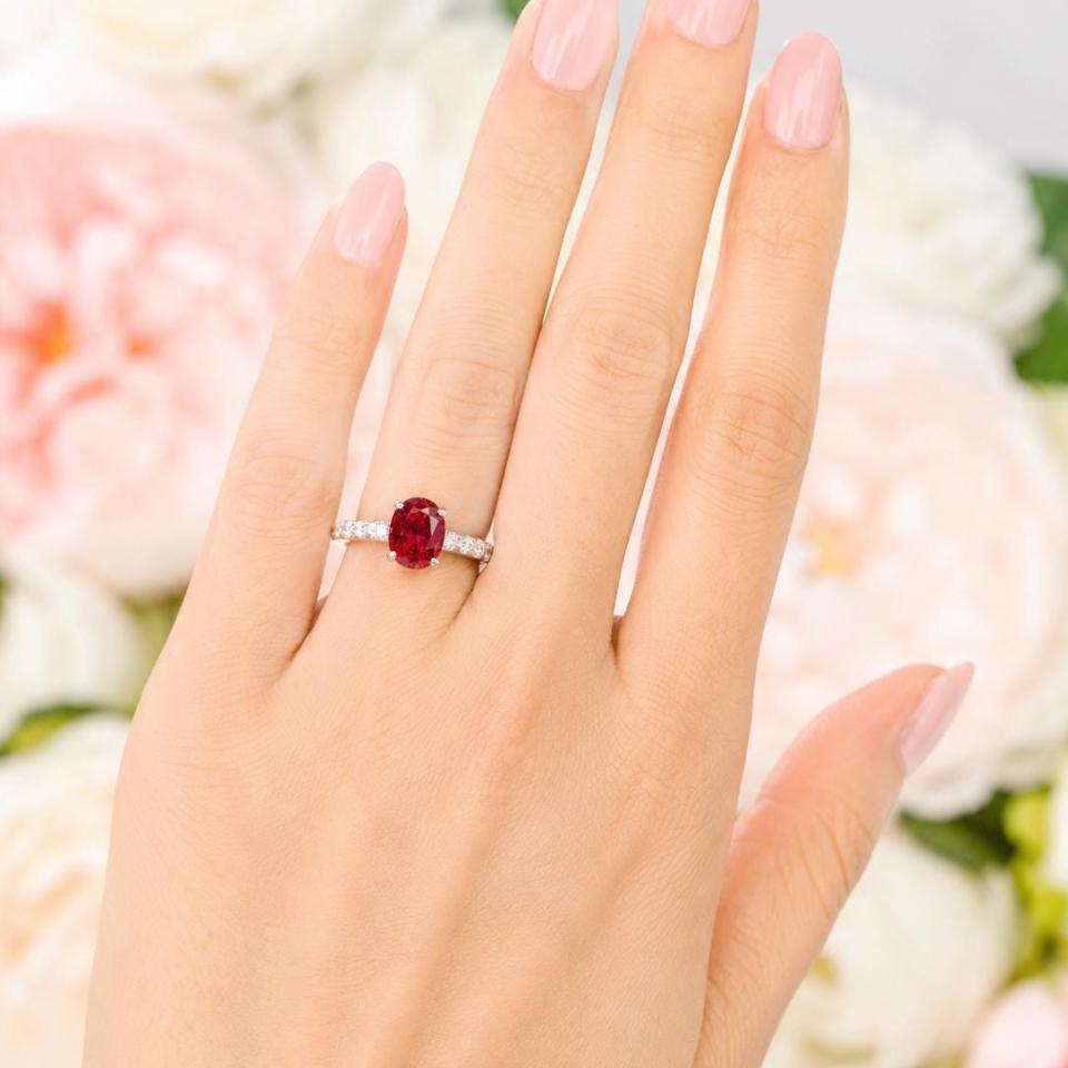 Oval-Cut Lab Ruby & CZ Engagement Ring or Bridal Set • 8x6mm—9x7mm, Sterling Silver