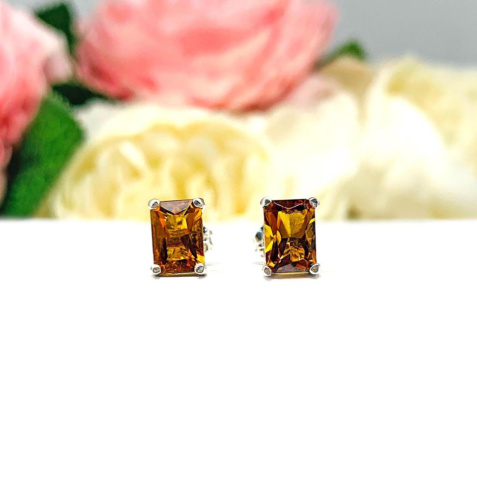 Radiant-Cut Amber-Gold Citrine Stud Earrings • 7x5mm, Sterling Silver
