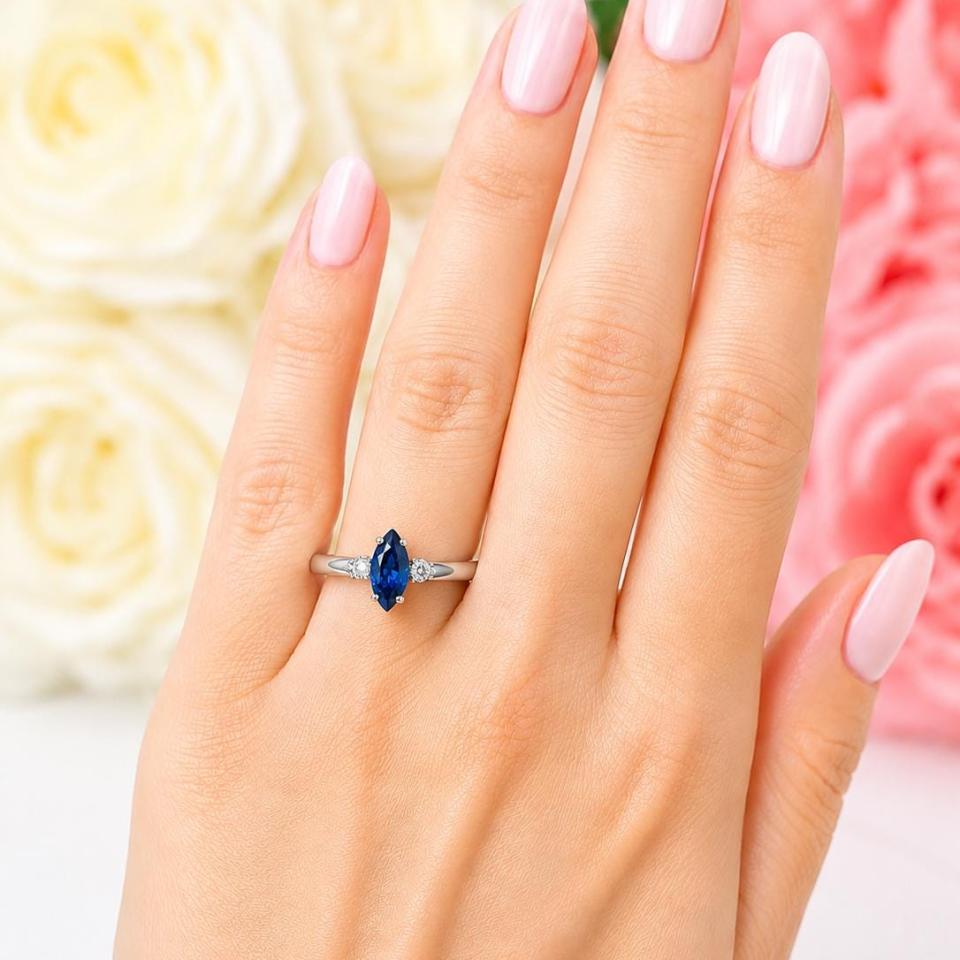 Marquise-Cut Lab Blue Sapphire & CZ 3-Stone Ring • 10x5mm—14x7mm, Sterling Silver