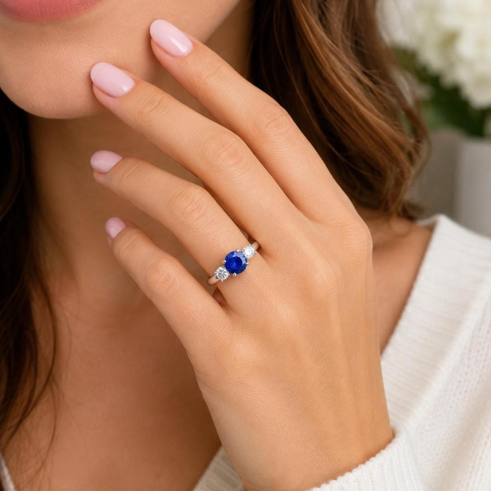 Round-Cut Lab Blue Sapphire & CZ 3-Stone Ring •  6mm—9mm, Sterling Silver