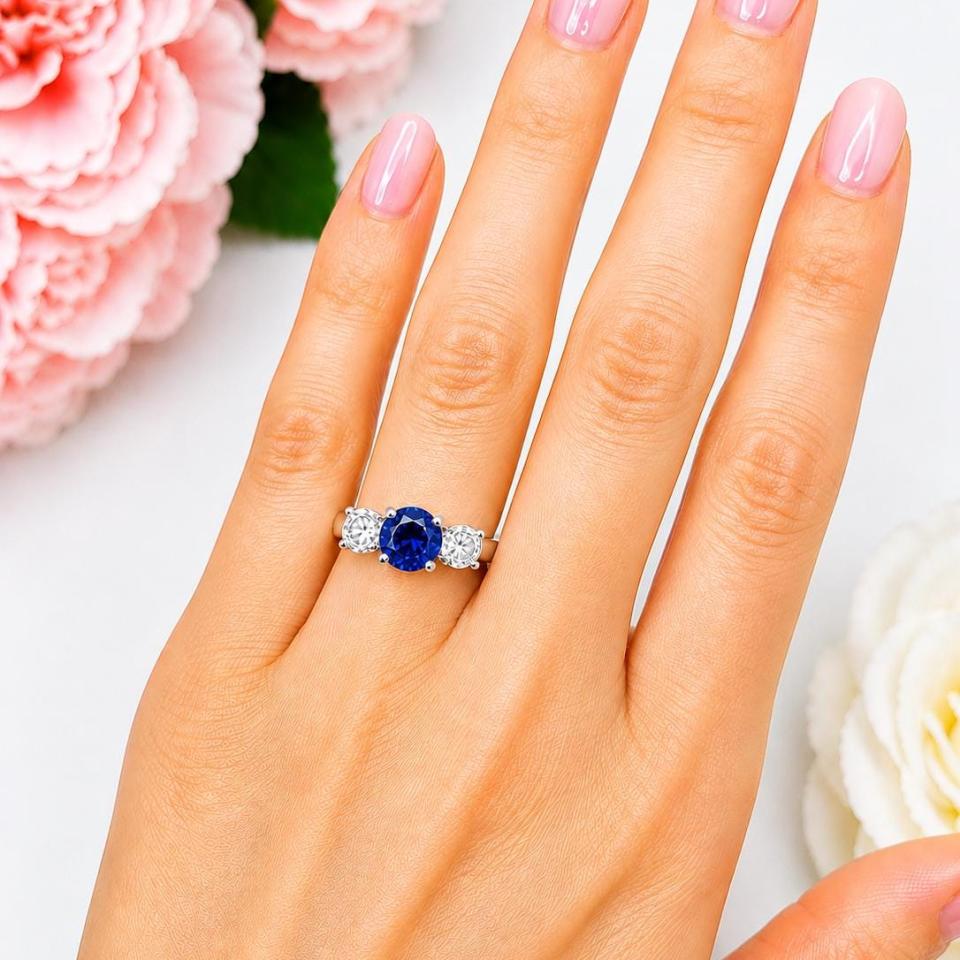 Round-Cut Lab Blue Sapphire & CZ 3-Stone Ring •  6mm—9mm, Sterling Silver