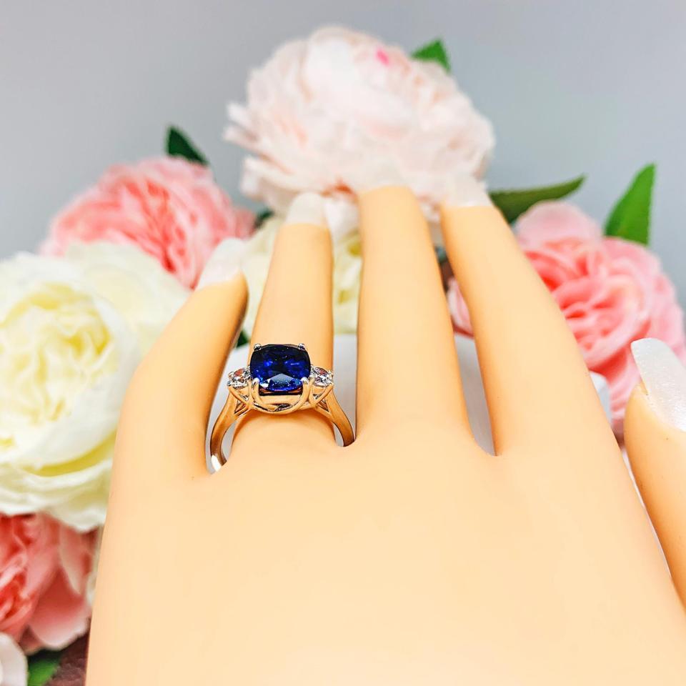 Cushion-Cut Lab Blue Sapphire & CZ 3-Stone Ring • 10x8mm, Sterling Silver