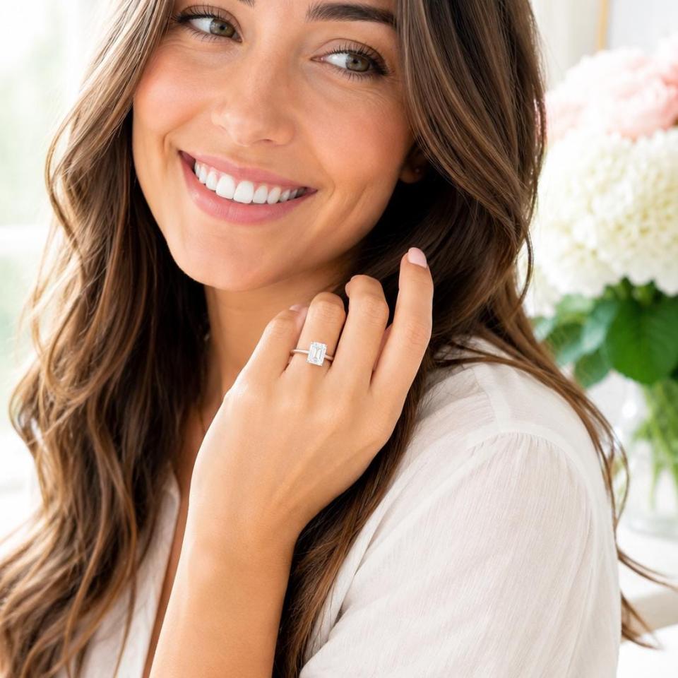 Emerald-Cut Lab White Sapphire Engagement Ring • 10x8mm, Sterling Silver