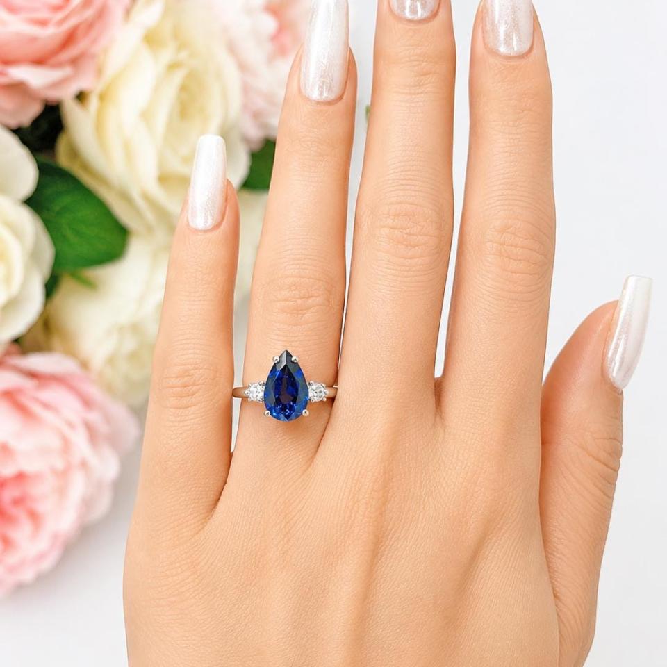 Pear-Cut Lab Blue Sapphire & CZ 3-Stone Ring • 10x7mm, 12x8mm, Sterling Silver
