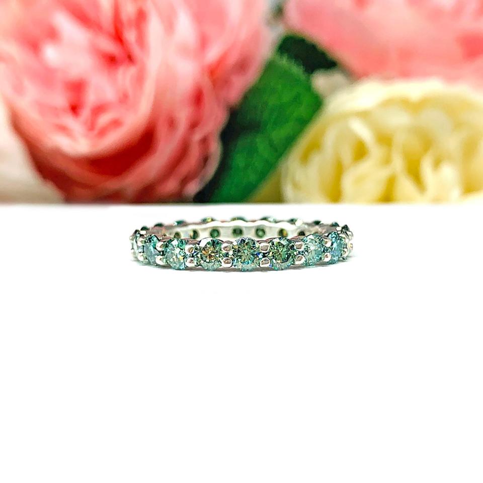 Round-Cut Sea Foam Green Moissanite Eternity Band • 3mm, Sterling Silver, Size 6