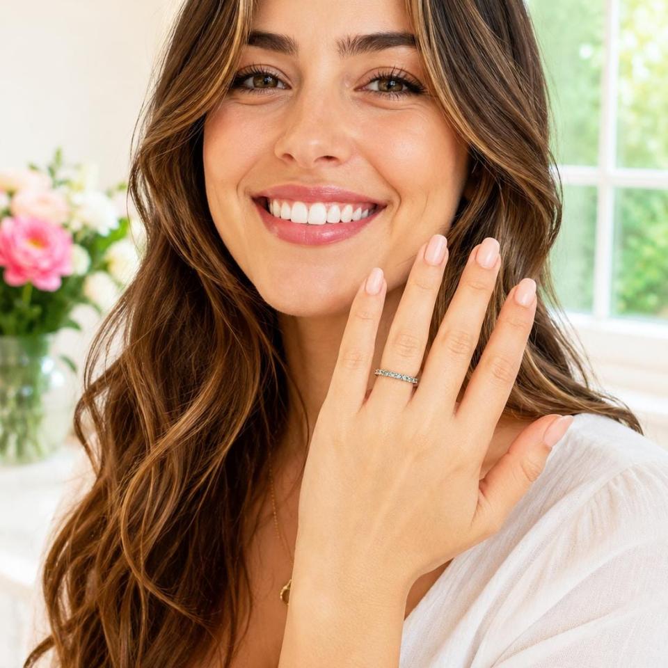Round-Cut Sea Foam Green Moissanite Eternity Band • 3mm, Sterling Silver, Size 6