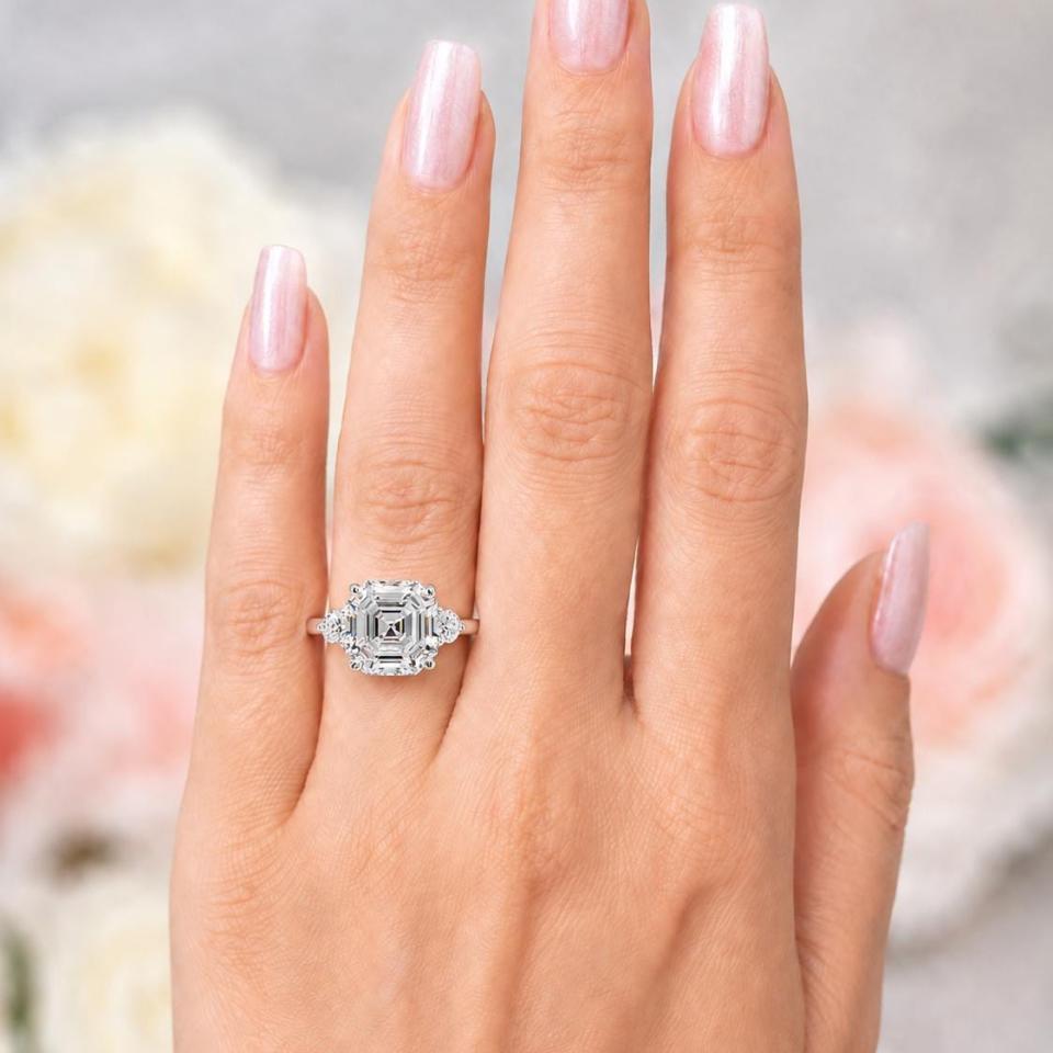 Asscher-Cut CZ 3-Stone Ring • 8mm—11mm, Round Accents, Sterling Silver