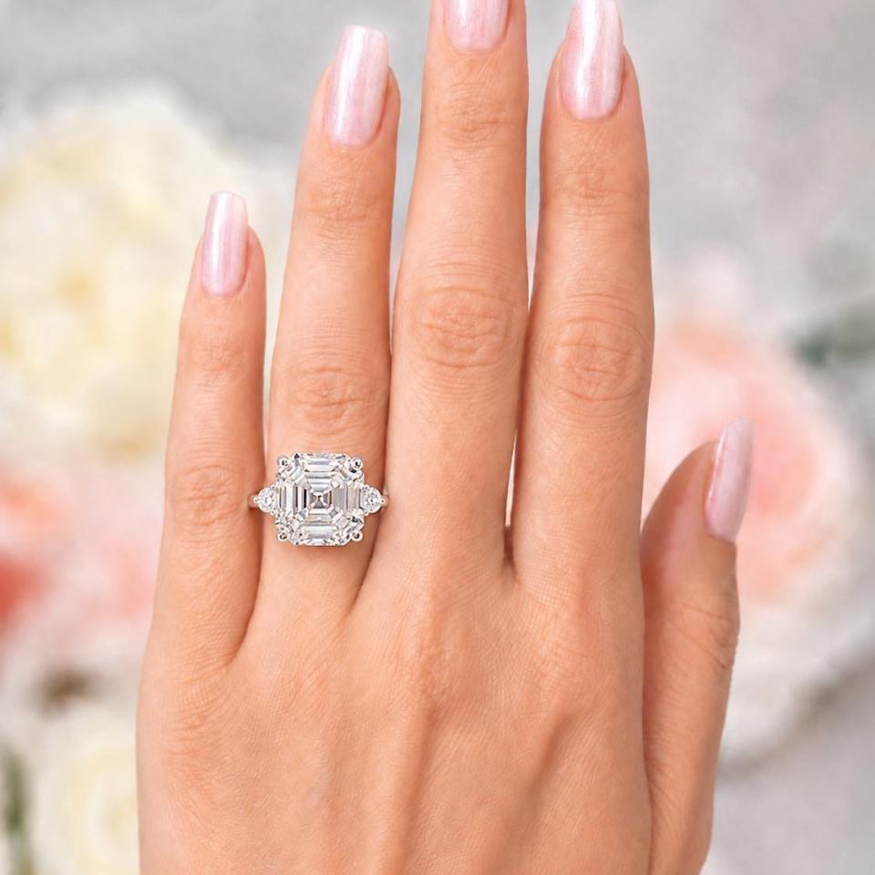 Asscher-Cut CZ 3-Stone Ring • 8mm—11mm, Round Accents, Sterling Silver