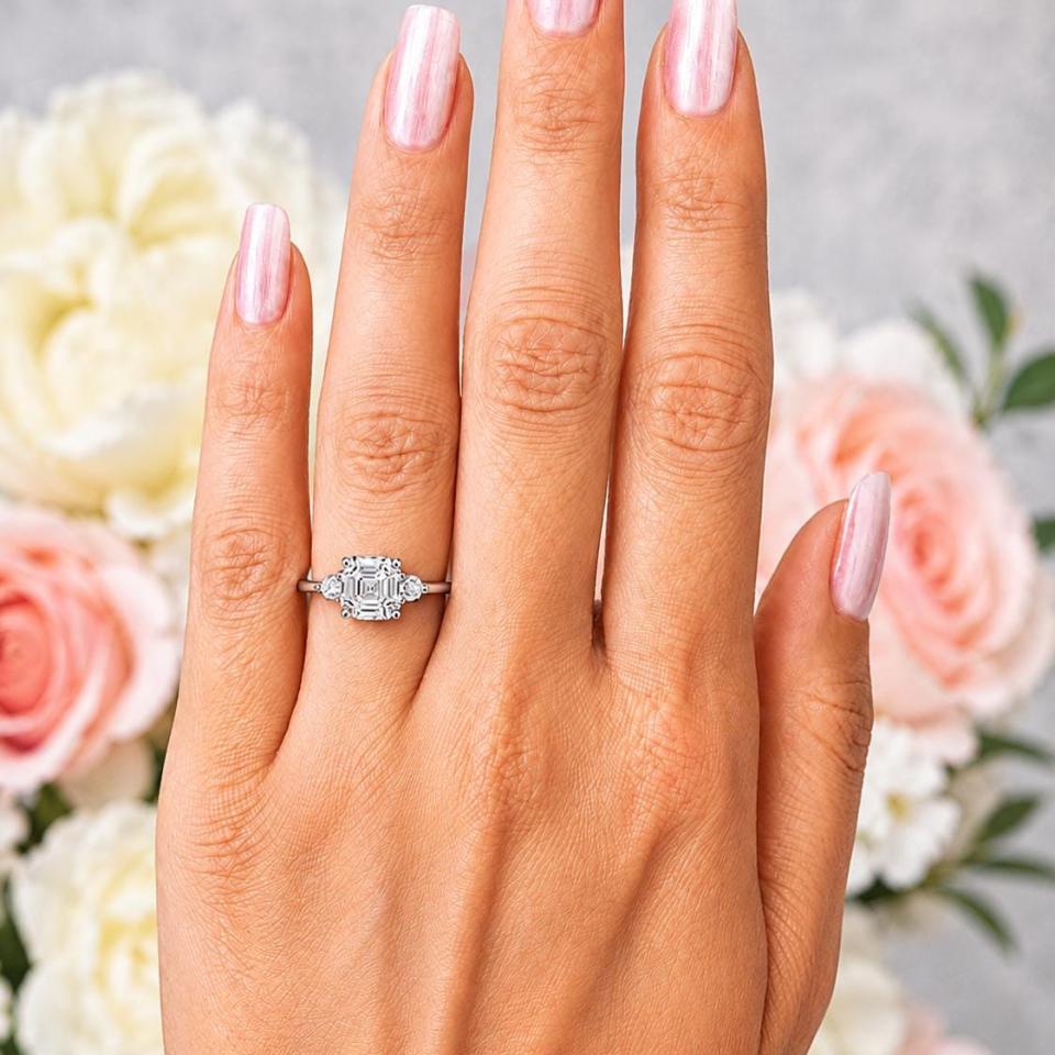 Asscher-Cut CZ 3-Stone Ring • 8mm—11mm, Round Accents, Sterling Silver