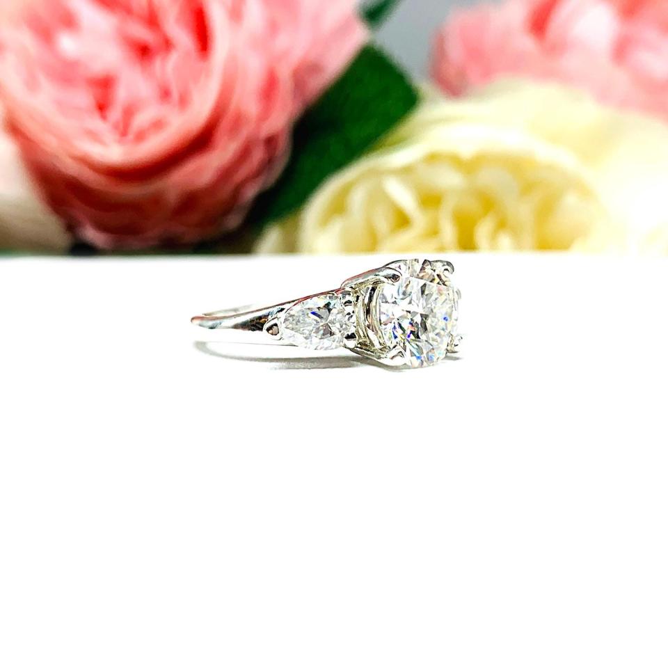 Round & Pear-Cut Moissanite 3-Stone Engagement Ring • 8mm, Sterling Silver