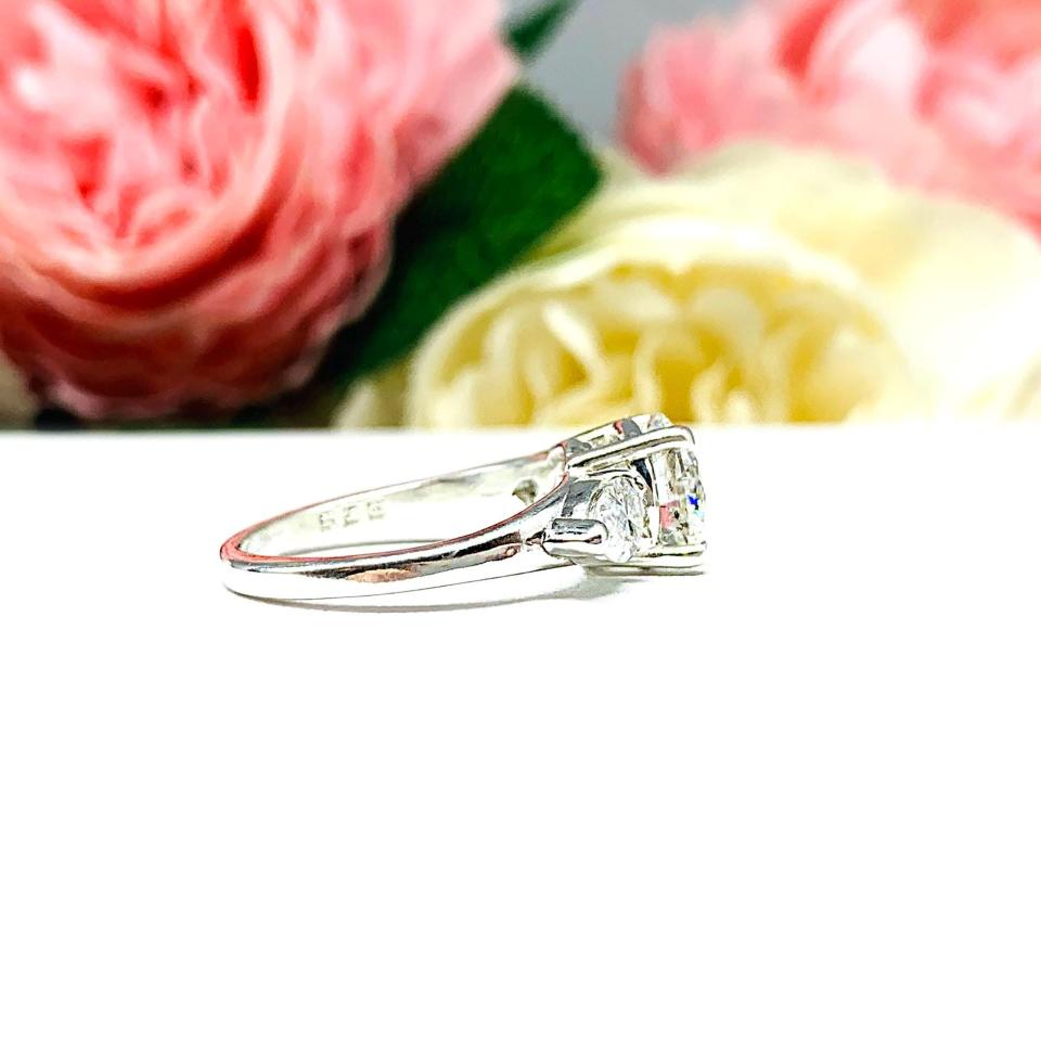 Round & Pear-Cut Moissanite 3-Stone Engagement Ring • 8mm, Sterling Silver