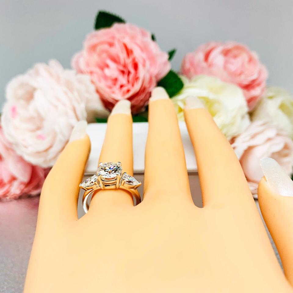 Round & Pear-Cut Moissanite 3-Stone Engagement Ring • 8mm, Sterling Silver