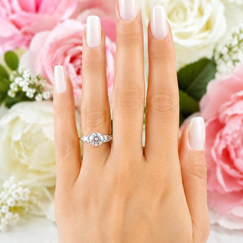 Round & Pear-Cut Moissanite 3-Stone Engagement Ring • 8mm, Sterling Silver