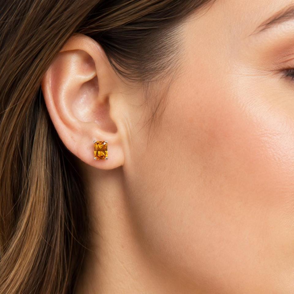 Radiant-Cut Amber-Gold Citrine Stud Earrings • 7x5mm, Sterling Silver