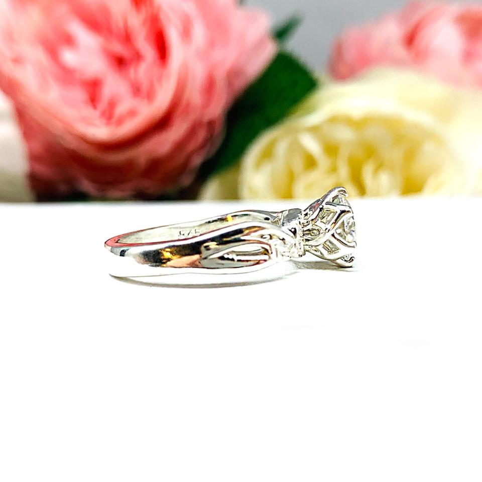 Round-Cut Moissanite Engagement Ring • 6.5mm—8mm, Sterling Silver, Leaf Design