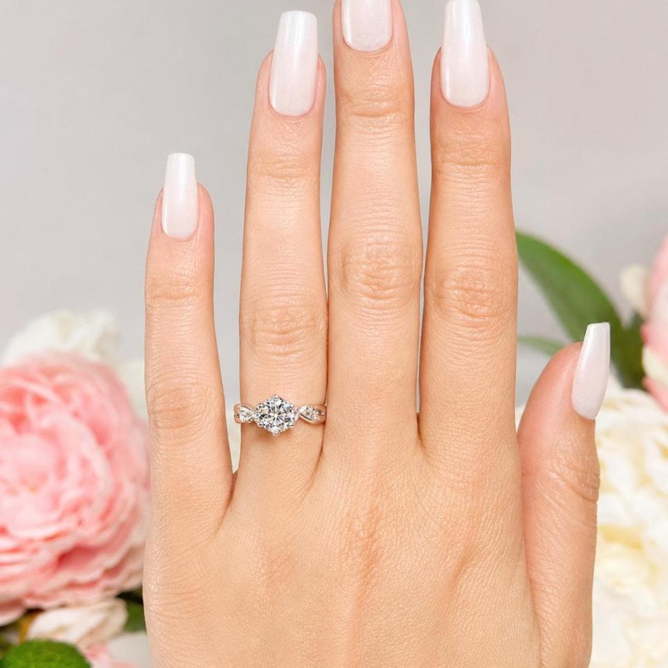 Round-Cut Moissanite Engagement Ring • 6.5mm—8mm, Sterling Silver, Leaf Design
