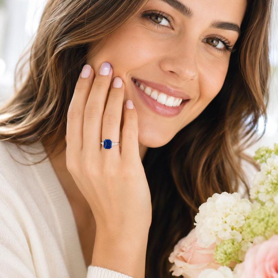Emerald-Cut Lab Blue Sapphire & CZ 3-Stone Ring • 10x8mm—12x10mm, Sterling Silver