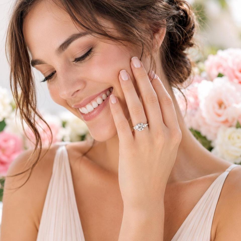 Cushion-Cut CZ 3-Stone Engagement Ring • 8mm, Round Accents, Sterling Silver