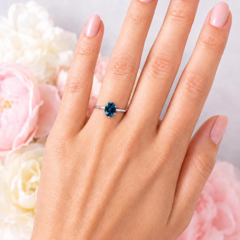 Oval-Cut Teal Blue Lab Gemstone Solitaire Ring • 8x6mm—10x8mm, Sterling Silver