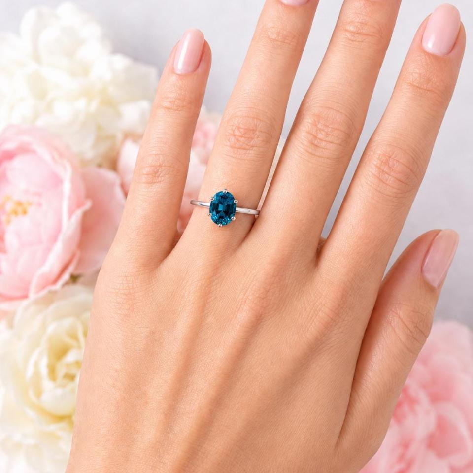Oval-Cut Teal Blue Lab Gemstone Solitaire Ring • 8x6mm—10x8mm, Sterling Silver