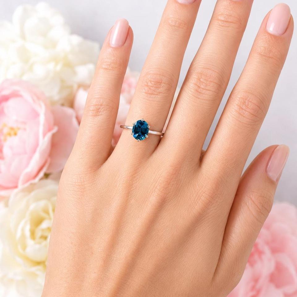 Oval-Cut Teal Blue Lab Gemstone Solitaire Ring • 8x6mm—10x8mm, Sterling Silver