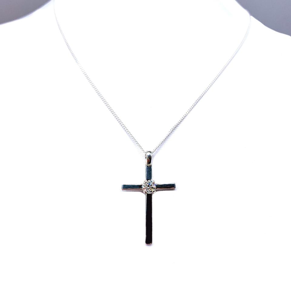 Round Moissanite Cross Pendant • 5mm, Sterling Silver