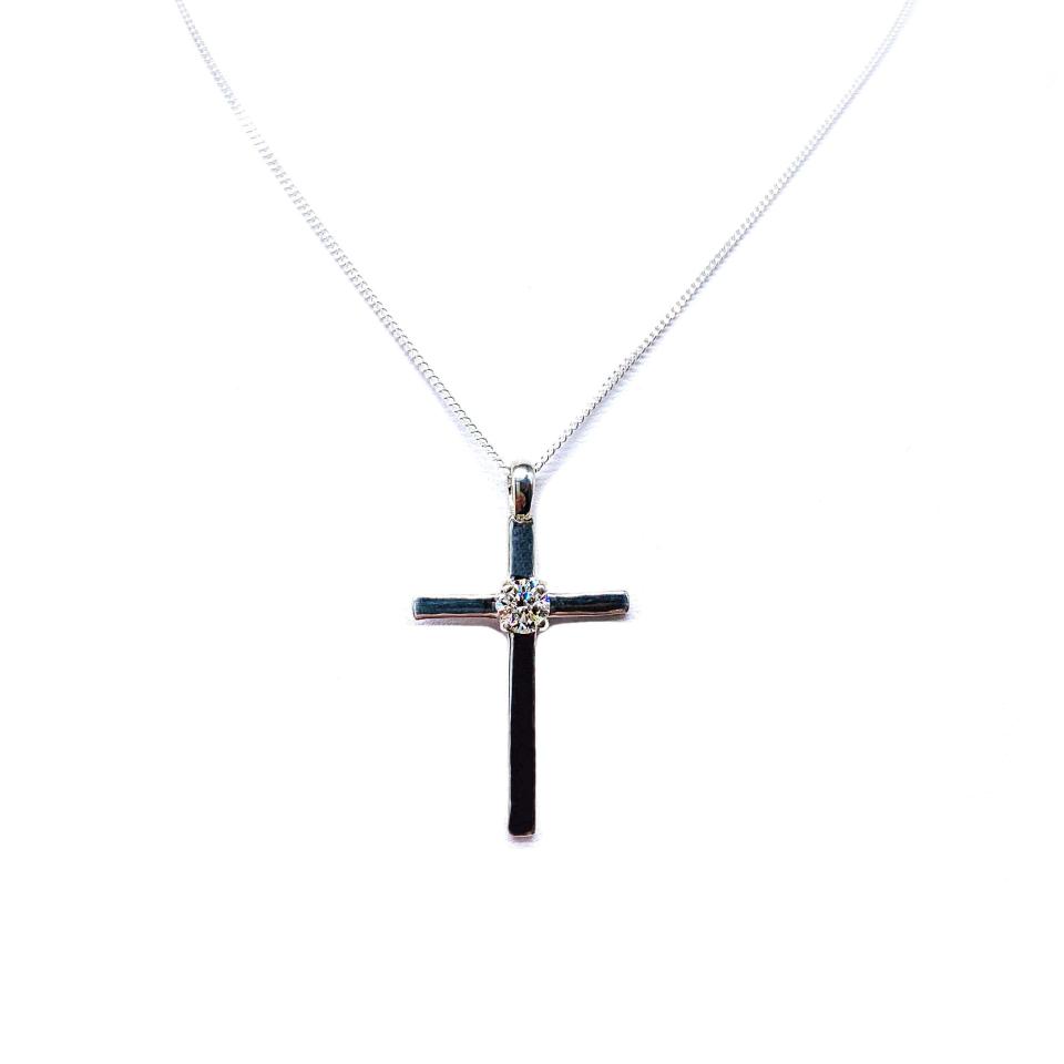 Round Moissanite Cross Pendant • 5mm, Sterling Silver