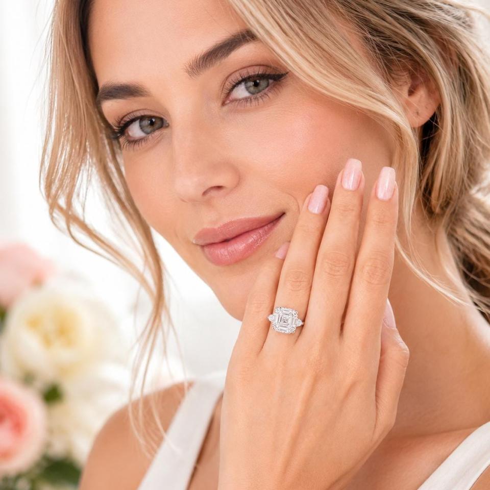 Asscher-Cut CZ 3-Stone Ring • 8mm—11mm, Round Accents, Sterling Silver