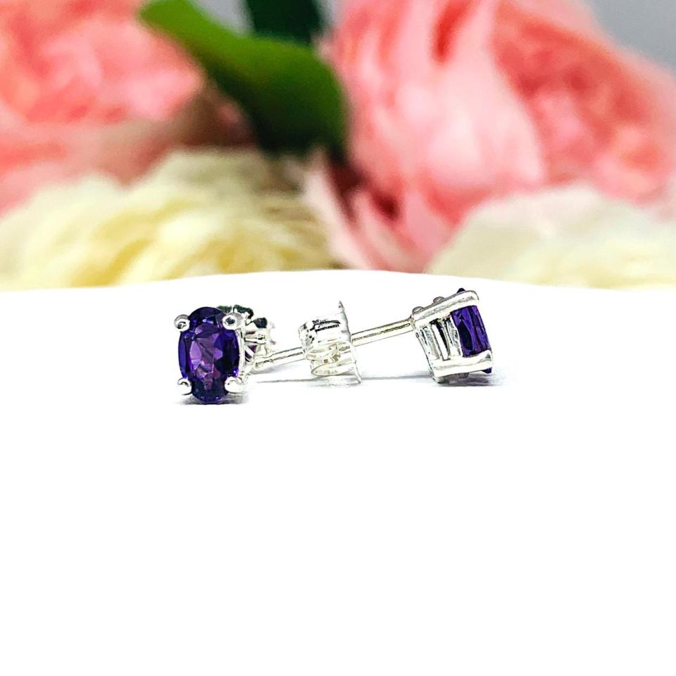Oval-Cut African Amethyst Stud Earrings • 6x4mm, Sterling Silver