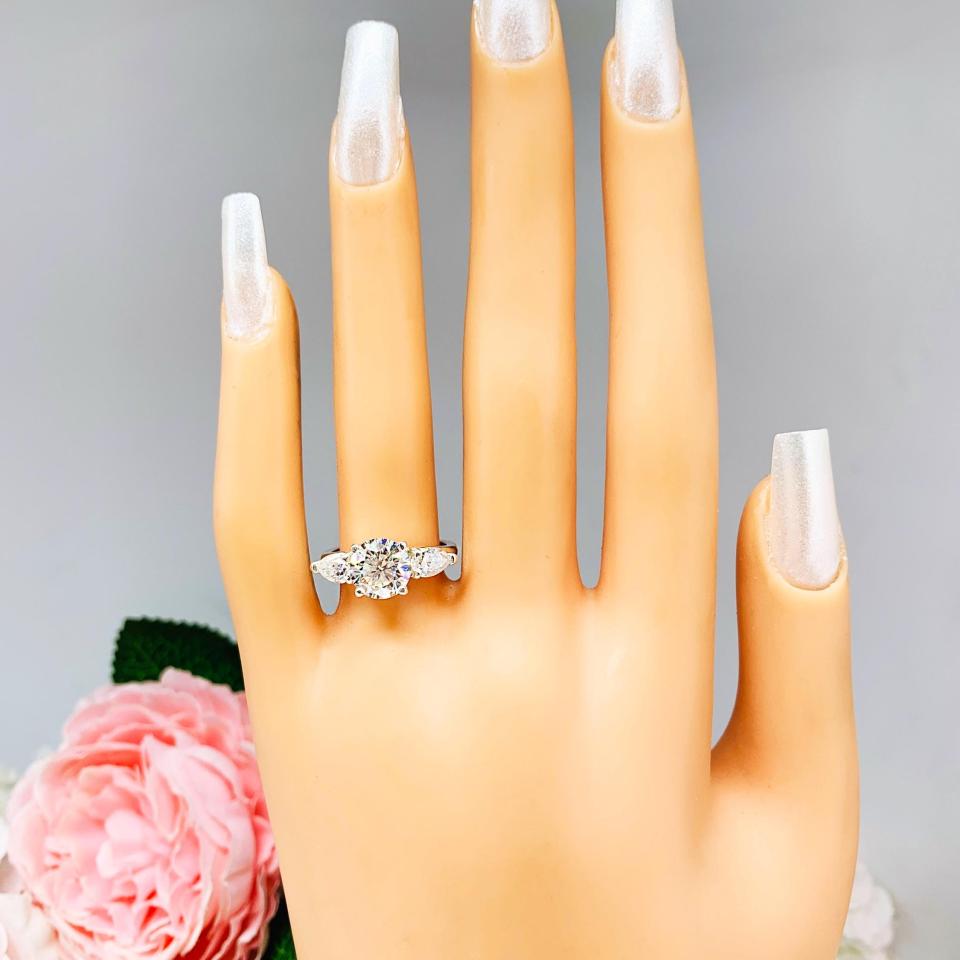 Round & Pear-Cut Moissanite 3-Stone Engagement Ring • 8mm, Sterling Silver
