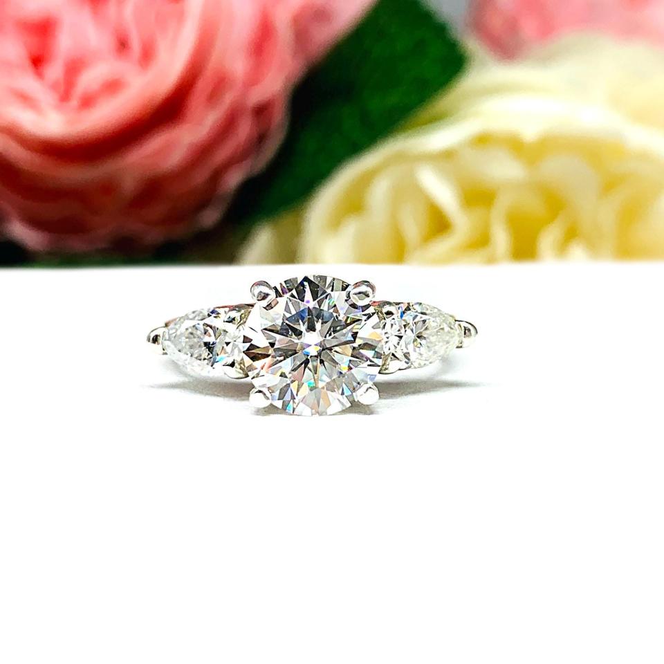Round & Pear-Cut Moissanite 3-Stone Engagement Ring • 8mm, Sterling Silver