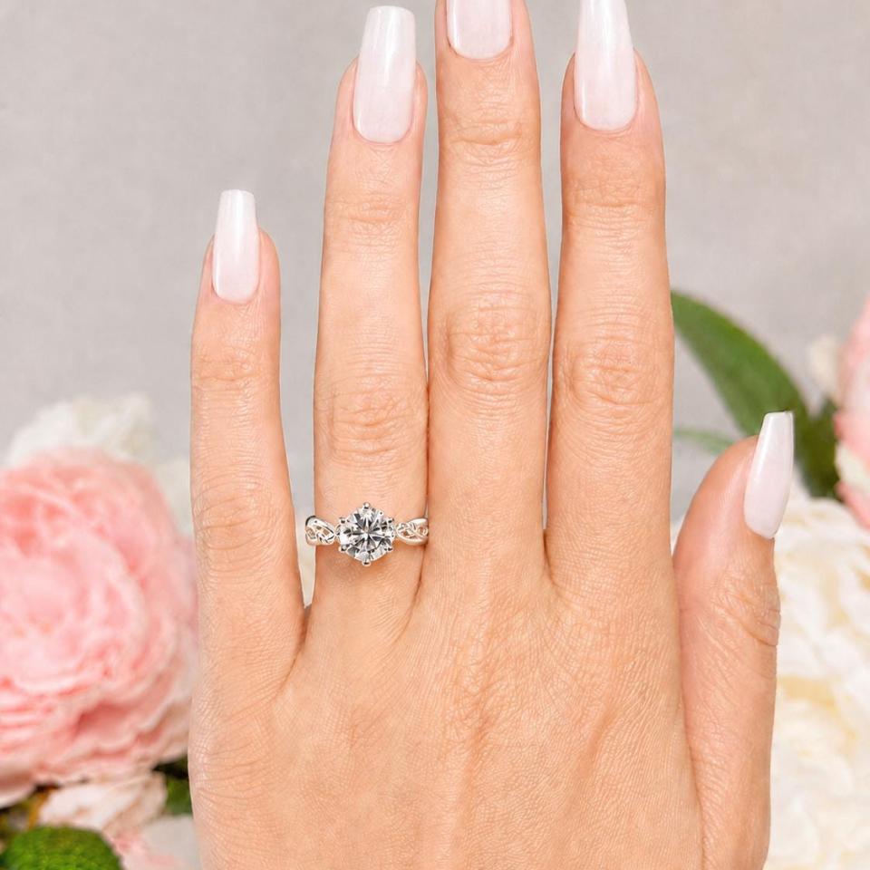 Round-Cut Moissanite Engagement Ring • 6.5mm—8mm, Sterling Silver, Leaf Design
