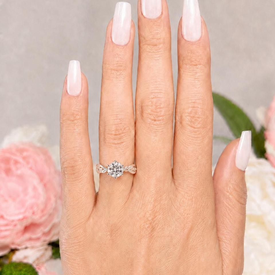 Round-Cut Moissanite Engagement Ring • 6.5mm—8mm, Sterling Silver, Leaf Design