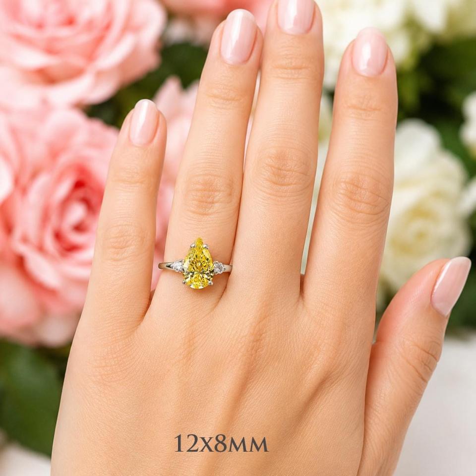 Canary Yellow Pear-Cut CZ 3-Stone Engagement Ring • 10x7mm—12x8mm, Sterling Silver