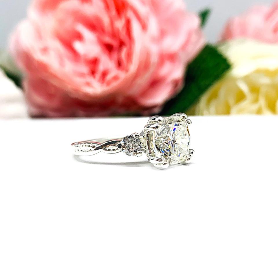 Cushion-Cut Moissanite 3-Stone Engagement Ring • 6mm—9mm Center, Sterling Silver