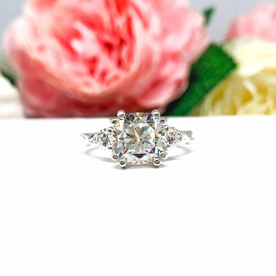 Cushion-Cut Moissanite 3-Stone Engagement Ring • 6mm—9mm Center, Sterling Silver