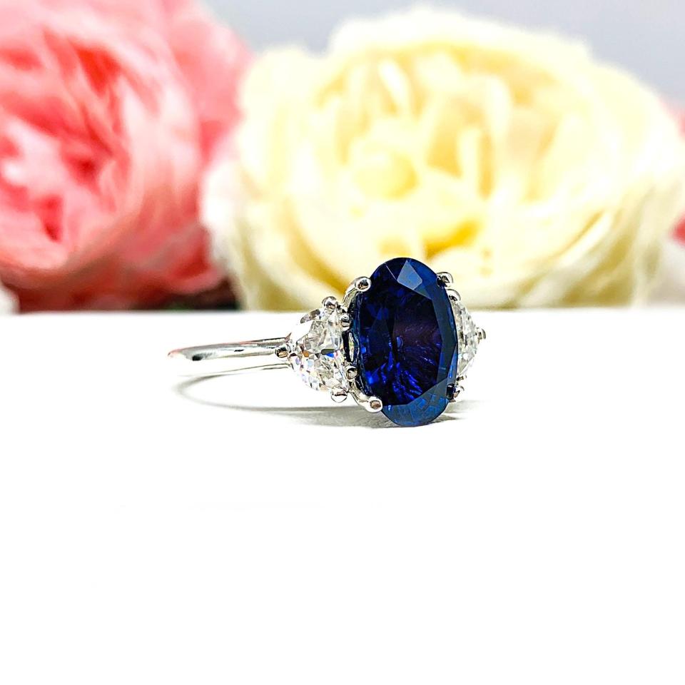 Oval-Cut Lab Blue Sapphire & Half-Moon CZ or Moissanite 3-Stone Ring • 12x8mm, 12x10mm, Sterling Silver