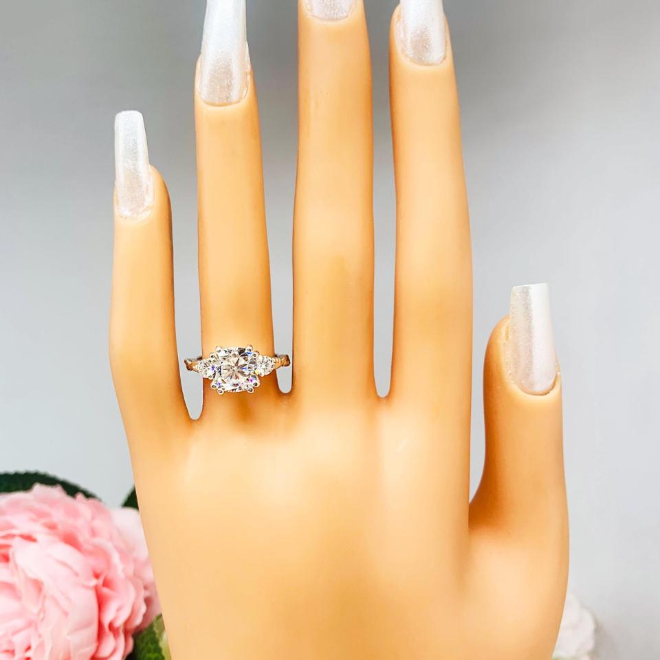 Cushion-Cut Moissanite 3-Stone Engagement Ring • 6mm—9mm Center, Sterling Silver
