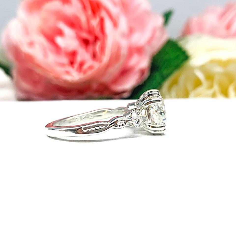 Cushion-Cut Moissanite 3-Stone Engagement Ring • 6mm—9mm Center, Sterling Silver