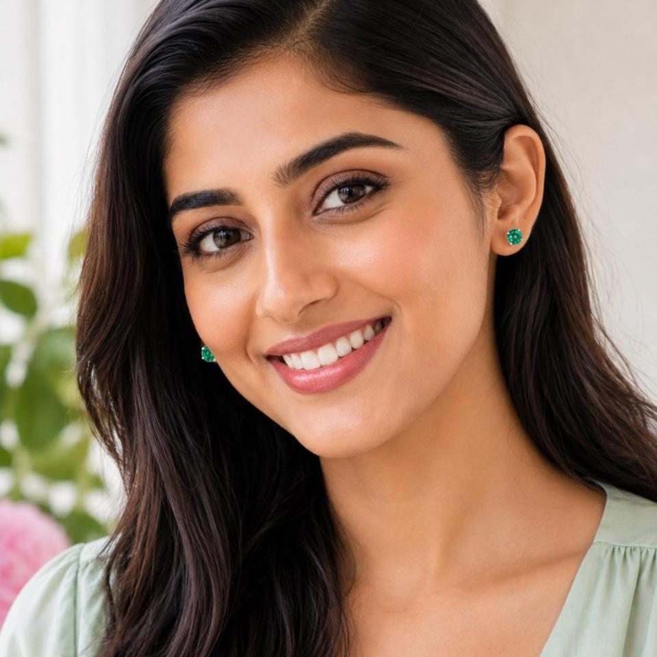 A woman wearing silver basket earrings set with 7mm round sea foam green lab spinels. Model image for size and styling reference — not a photo of the actual earrings.
