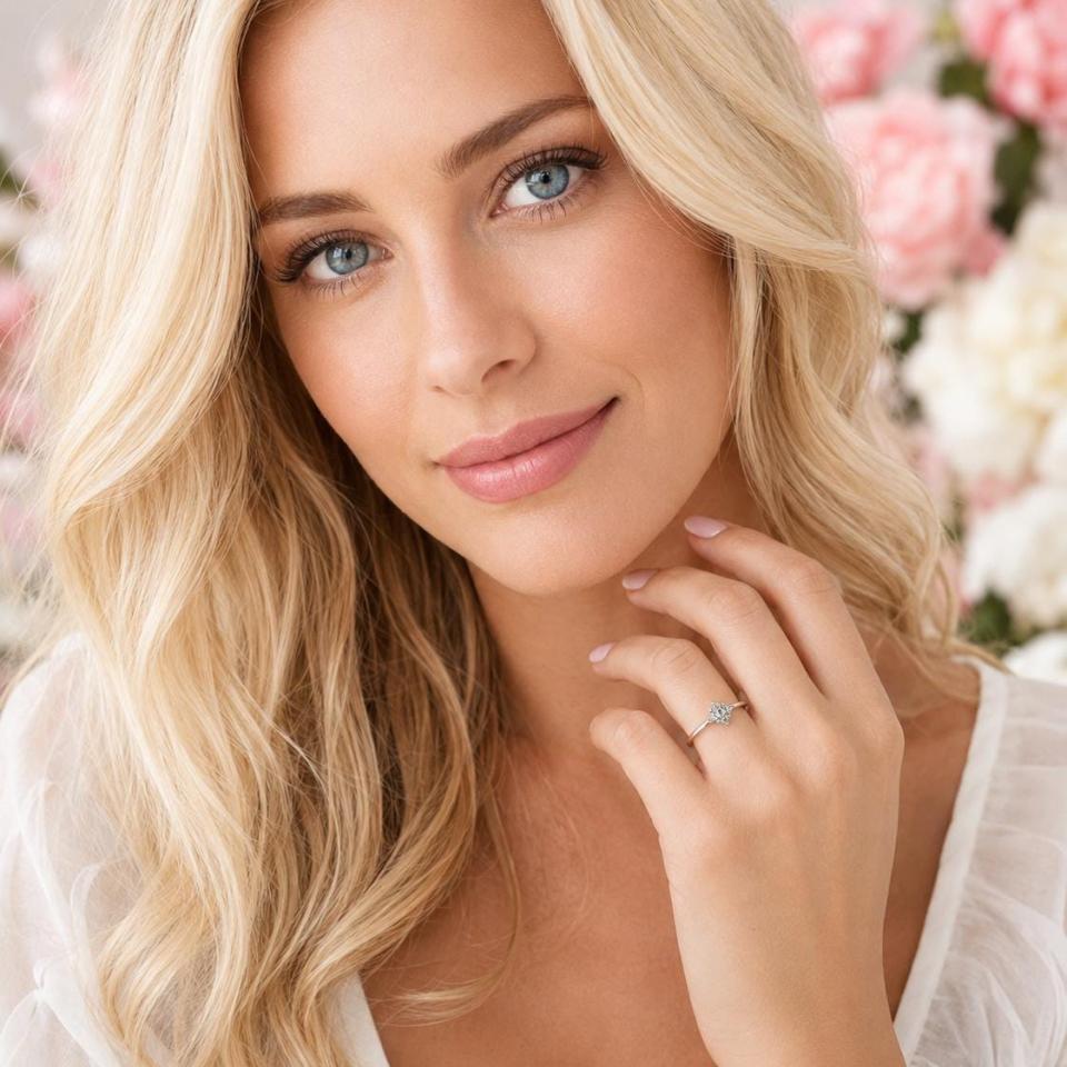 A woman wearing a sterling silver cluster ring featuring four 3mm round light blue aquamarine gemstones. Displayed against a soft-focus floral background, the ring sparkles with contrast and elegance. Model image for size and styling reference — not a photo of the actual ring.