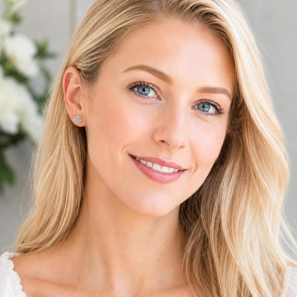 A woman wearing sterling silver cluster earrings featuring four 3mm round light blue aquamarine gemstones. Model image for size and styling reference — not a photo of the actual ring.